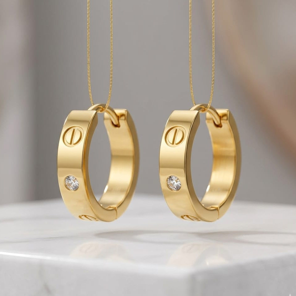Love Hoops Gold Earrings - Stainless Steel Screw Design with Zircon Stones