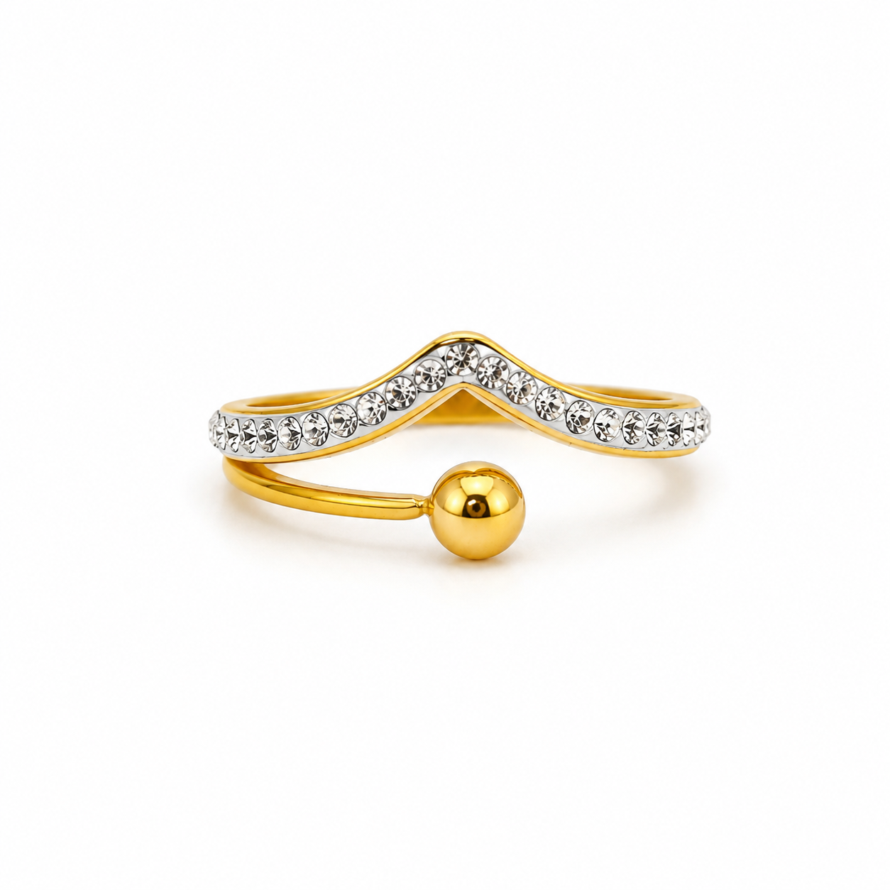 A gold ring with a wavy design studded with feldspar, featuring an elegant spherical touch