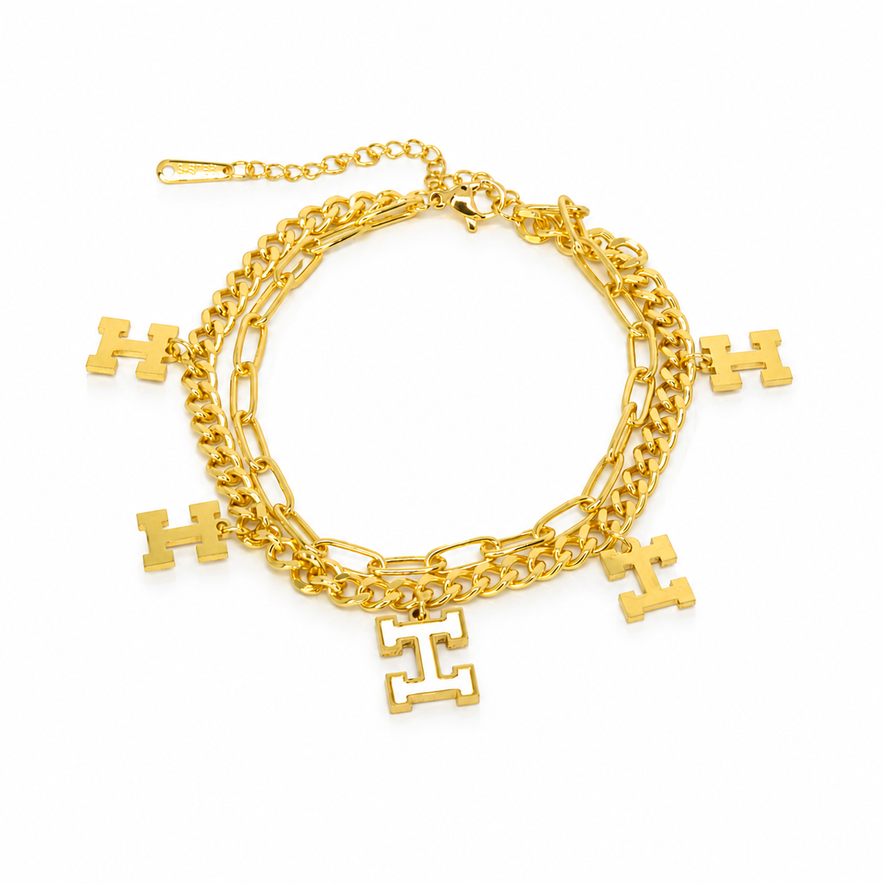 Gold-plated stainless steel bracelet with a two-layer design and H letter charms