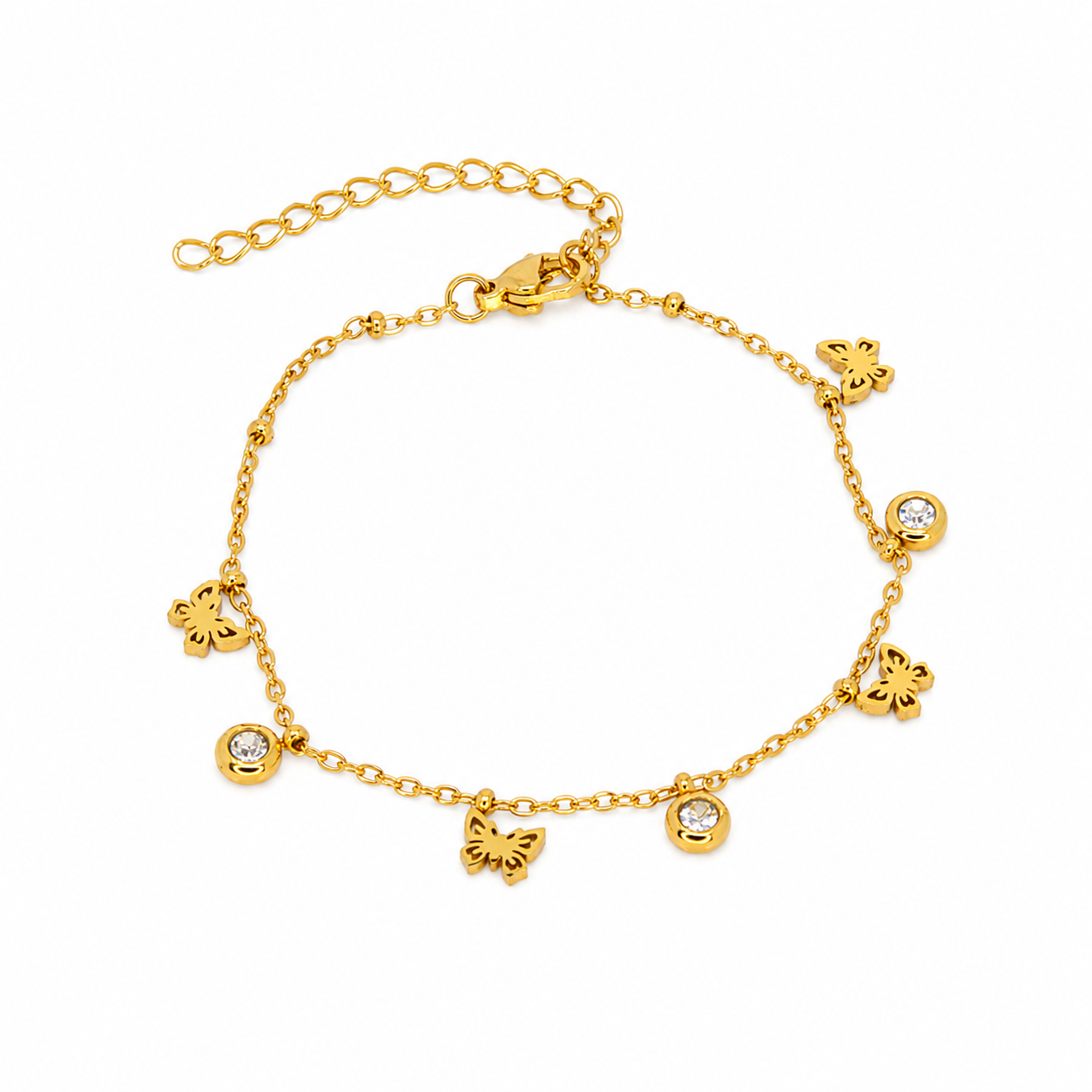 Gold-plated stainless steel bracelet with a butterfly design and dangling crystals