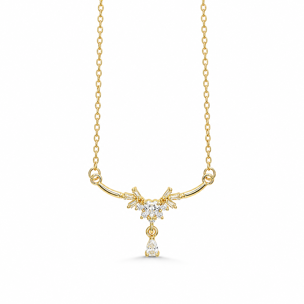 Gold-plated stainless steel necklace with a royal design, adorned with crystals and a zircon stone drop.
