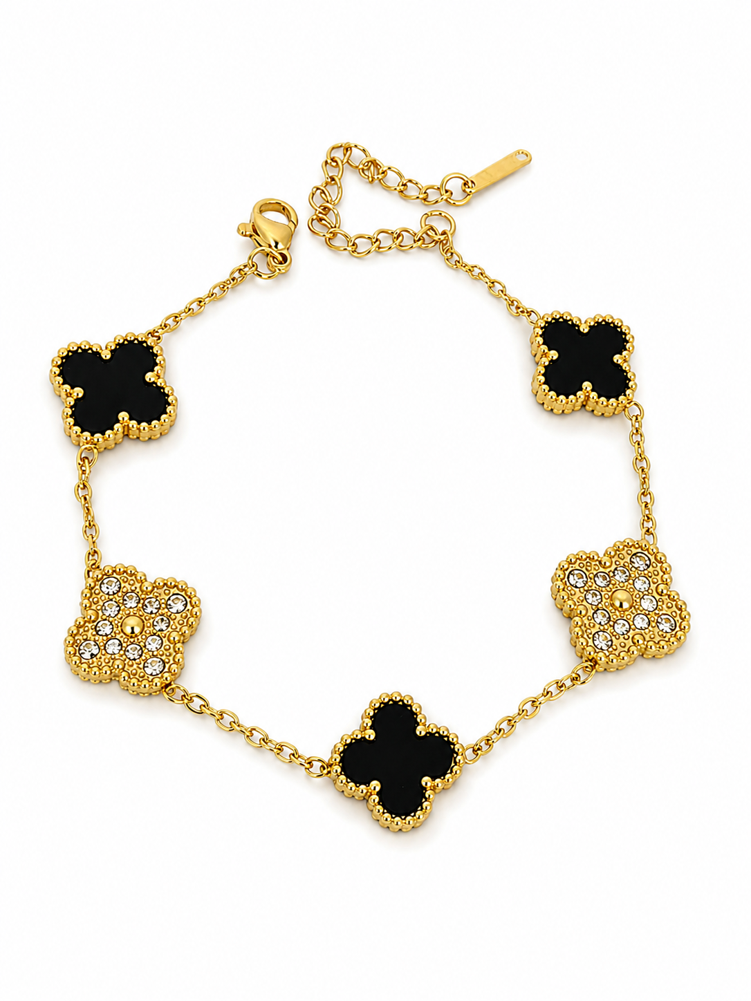 Stainless steel bracelet with black and sparkling quatrain flowers