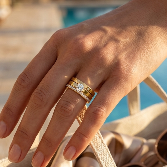 3-in-1 stainless steel ring set, gold plated and adorned with luxurious crystals