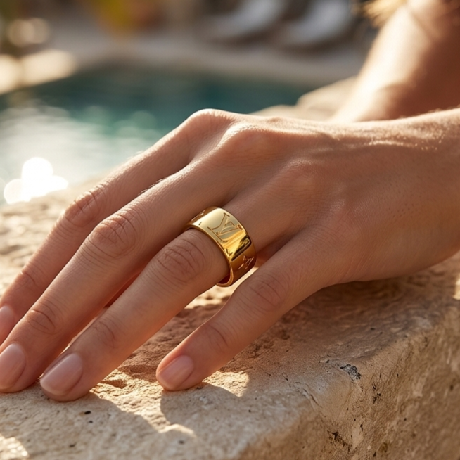 Wide stainless steel ring plated in gold – a luxurious modern design