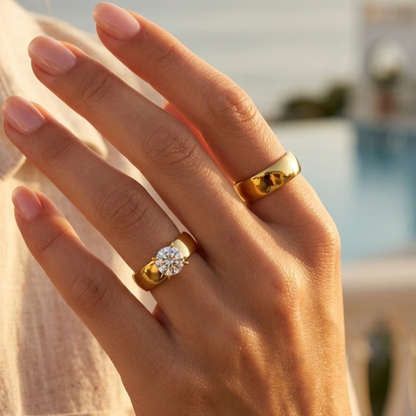 Twin ring set (wedding band and solitaire) in gold-tone stainless steel with a luxurious zircon stone
