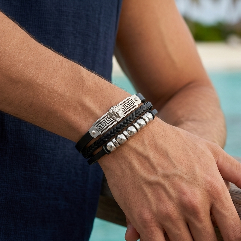 Men's black leather multi-layered bracelet with a classic Greek design