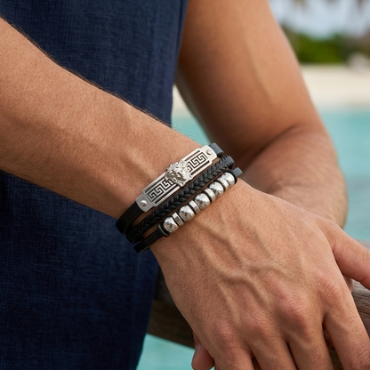 Men's black leather multi-layered bracelet with a classic Greek design