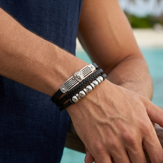 Men's black leather multi-layered bracelet with a classic Greek design