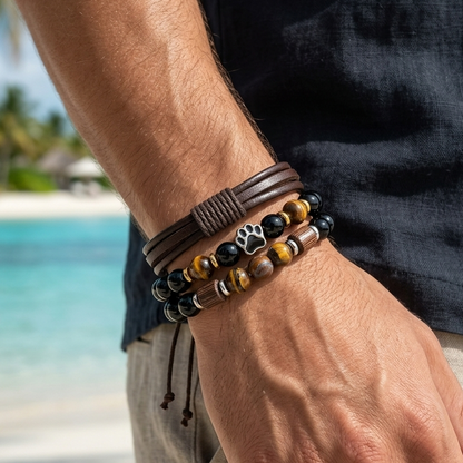 Men's three-piece bracelet set featuring tiger's eye stone and premium brown leather