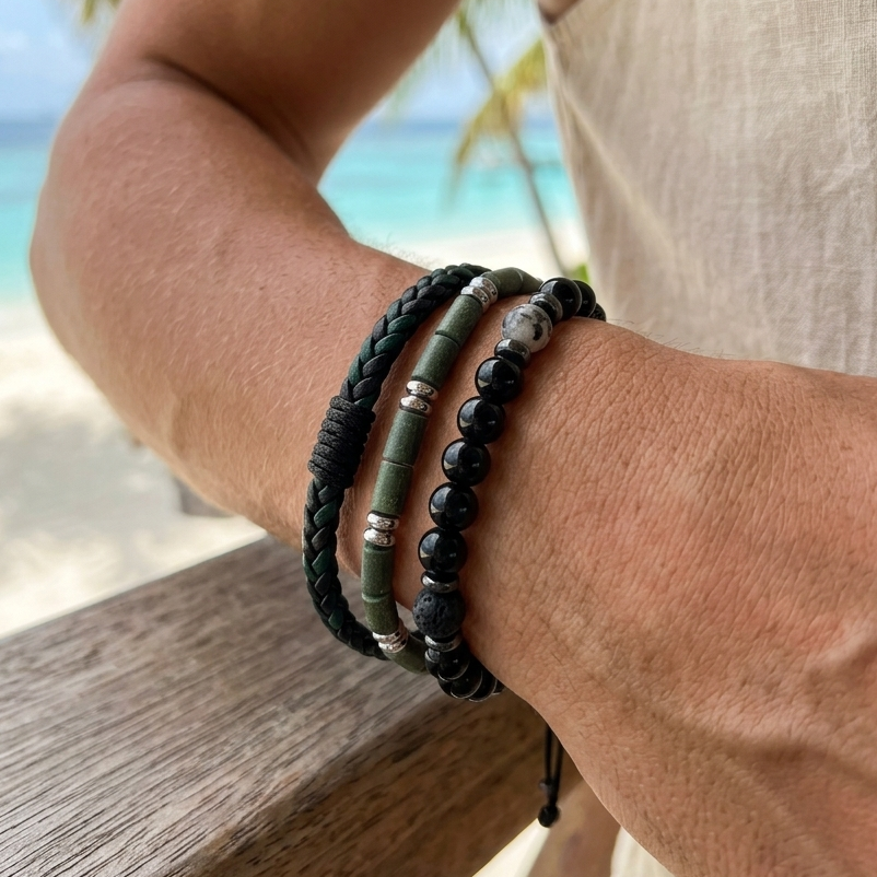 Men's three-piece bracelet set in black and olive green, casual style.