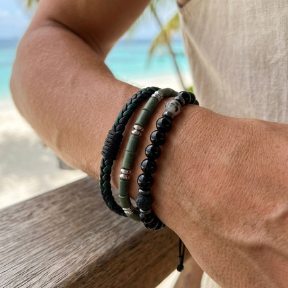 Men's three-piece bracelet set in black and olive green, casual style.