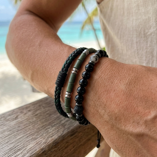 Men's three-piece bracelet set in black and olive green, casual style.