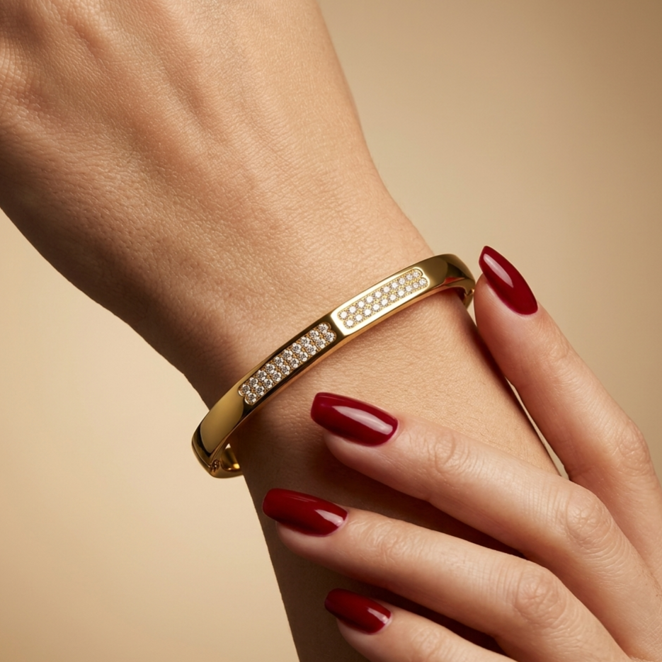 Stainless steel bracelet with two rows of crystals
