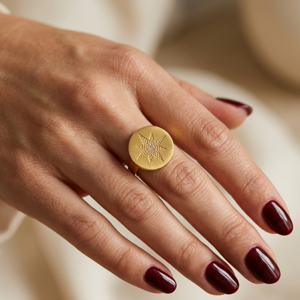 Open stainless steel ring featuring a circular disc and an embellished North Star.