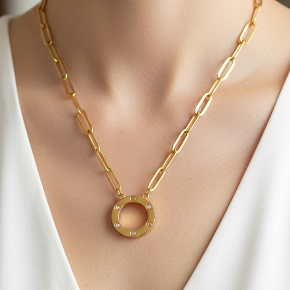 Classic gold circle necklace - Modern "OR" design in stainless steel