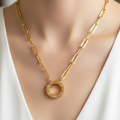 Classic gold circle necklace - Modern "OR" design in stainless steel