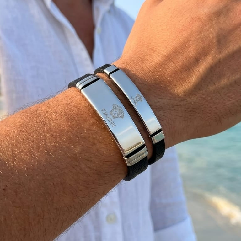 Twins Men's Leather and Stainless Steel Silver Bracelet Set (2 pieces)
