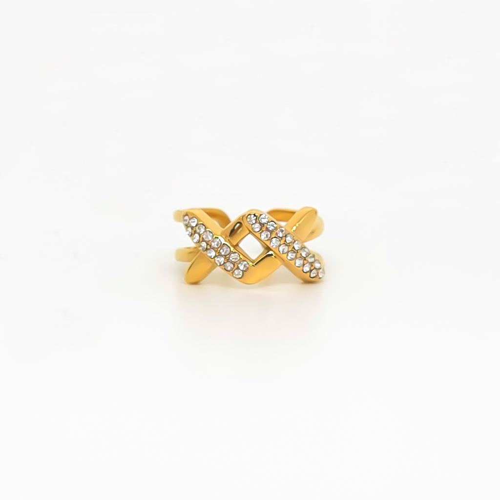 Infinity Cross Studded Ring – Gold-plated stainless steel ring with a cross design and crystal stones