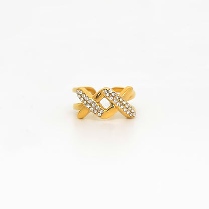Infinity Cross Studded Ring – Gold-plated stainless steel ring with a cross design and crystal stones