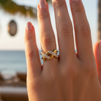 Infinity Cross Studded Ring – Gold-plated stainless steel ring with a cross design and crystal stones