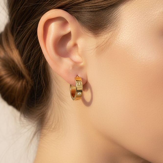 Love Hoops Gold Earrings - Stainless Steel Screw Design with Zircon Stones