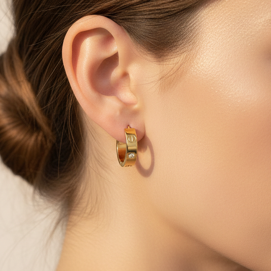 Love Hoops Gold Earrings - Stainless Steel Screw Design with Zircon Stones