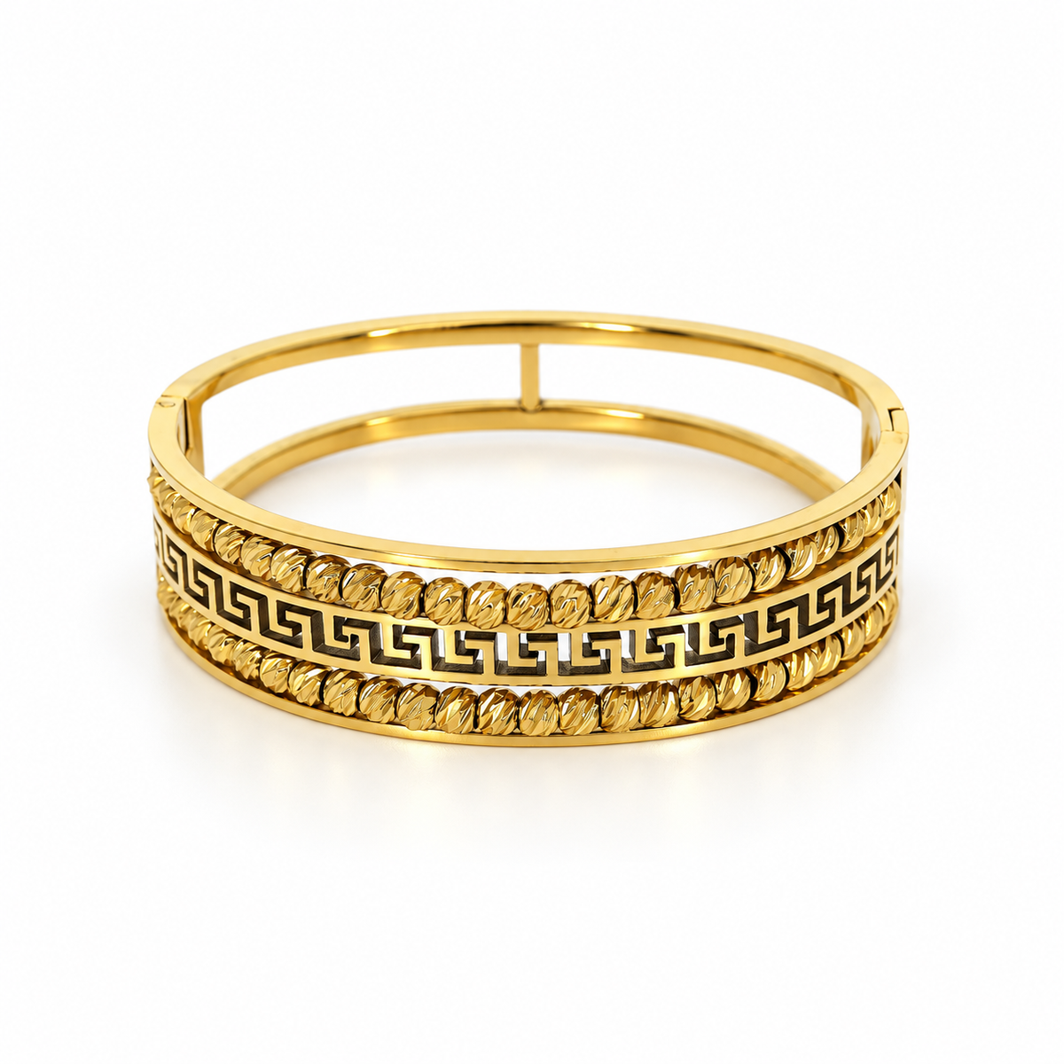 Stainless steel bracelet with Greek-style engraving and gold beads.