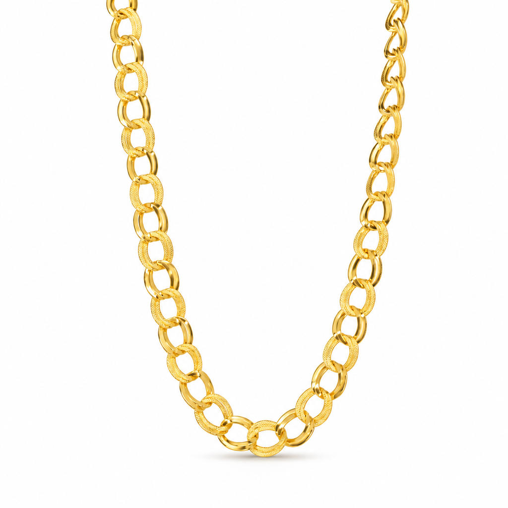 Stainless steel chain necklace featuring interlocking, engraved links.