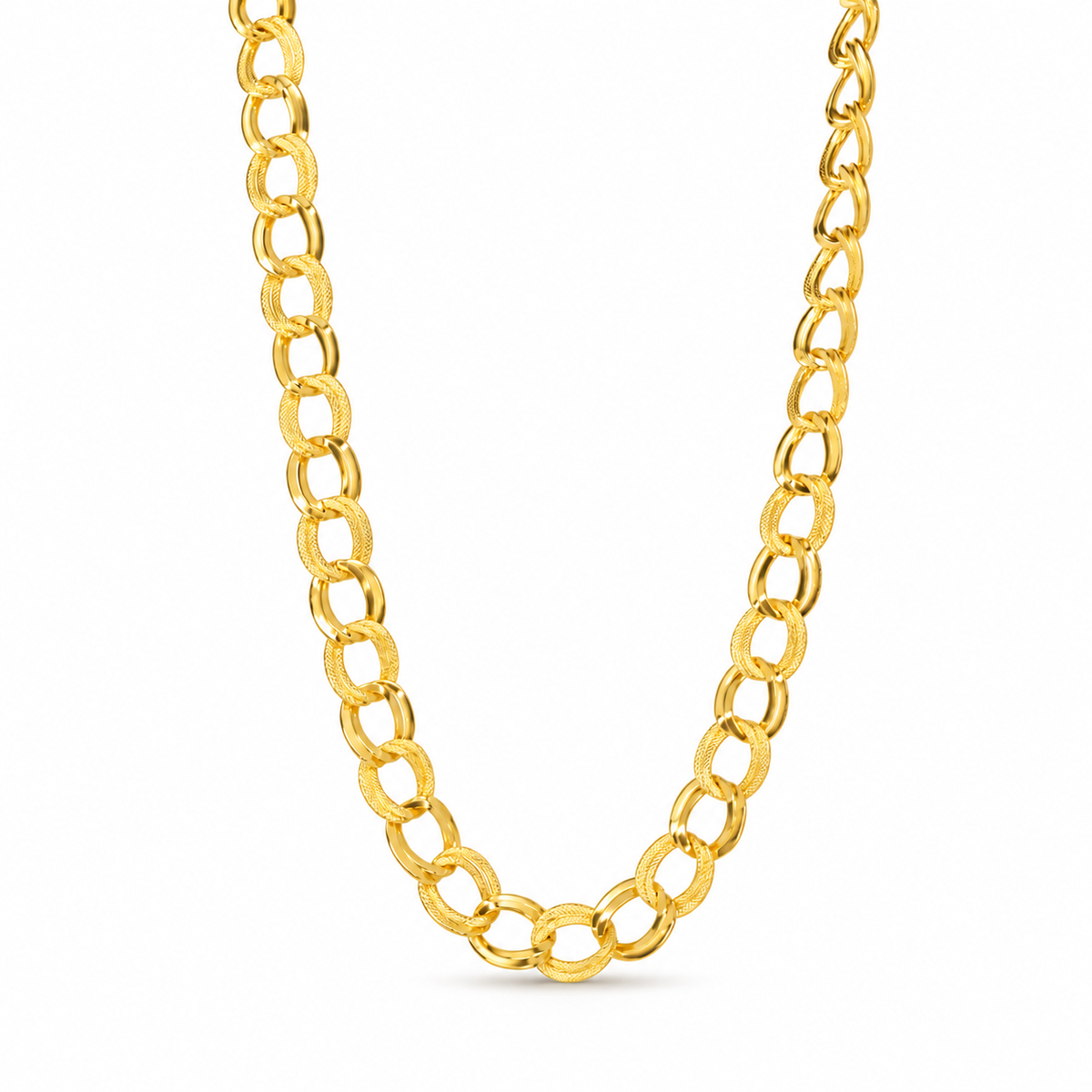 Stainless steel chain necklace featuring interlocking, engraved links.