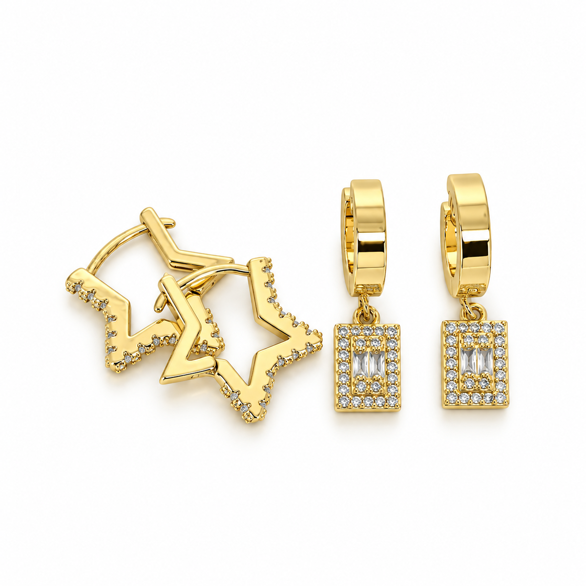 Stainless steel earring set featuring a star design and an embellished rectangular pendant.