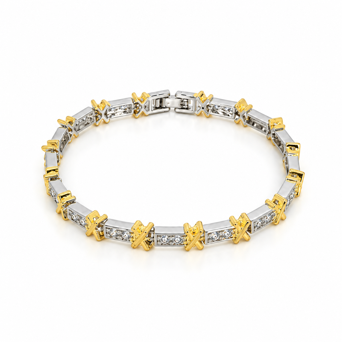 Two-tone stainless steel bracelet featuring a "Hugs & Kisses" design and set with zirconia.