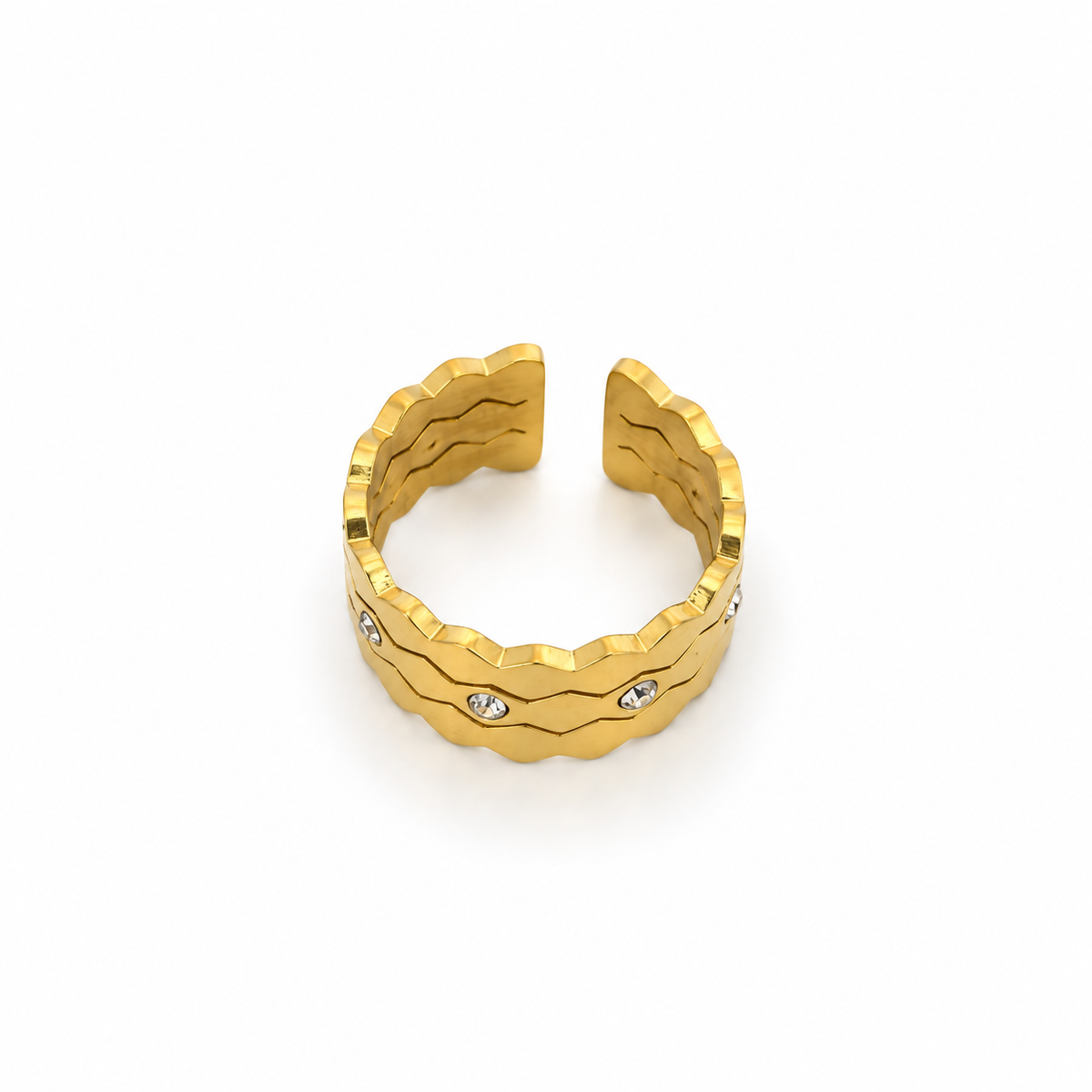 Open stainless steel ring with wavy layered design and zircon.