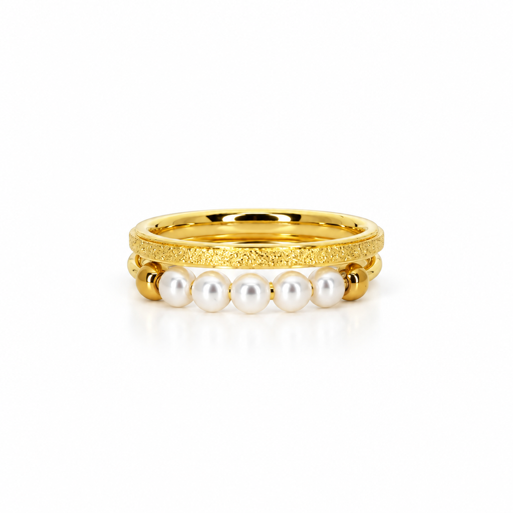 Double stainless steel ring set with pearl beads and a sandblasted finish.