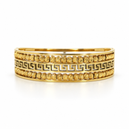 Stainless steel bracelet with Greek-style engraving and gold beads.