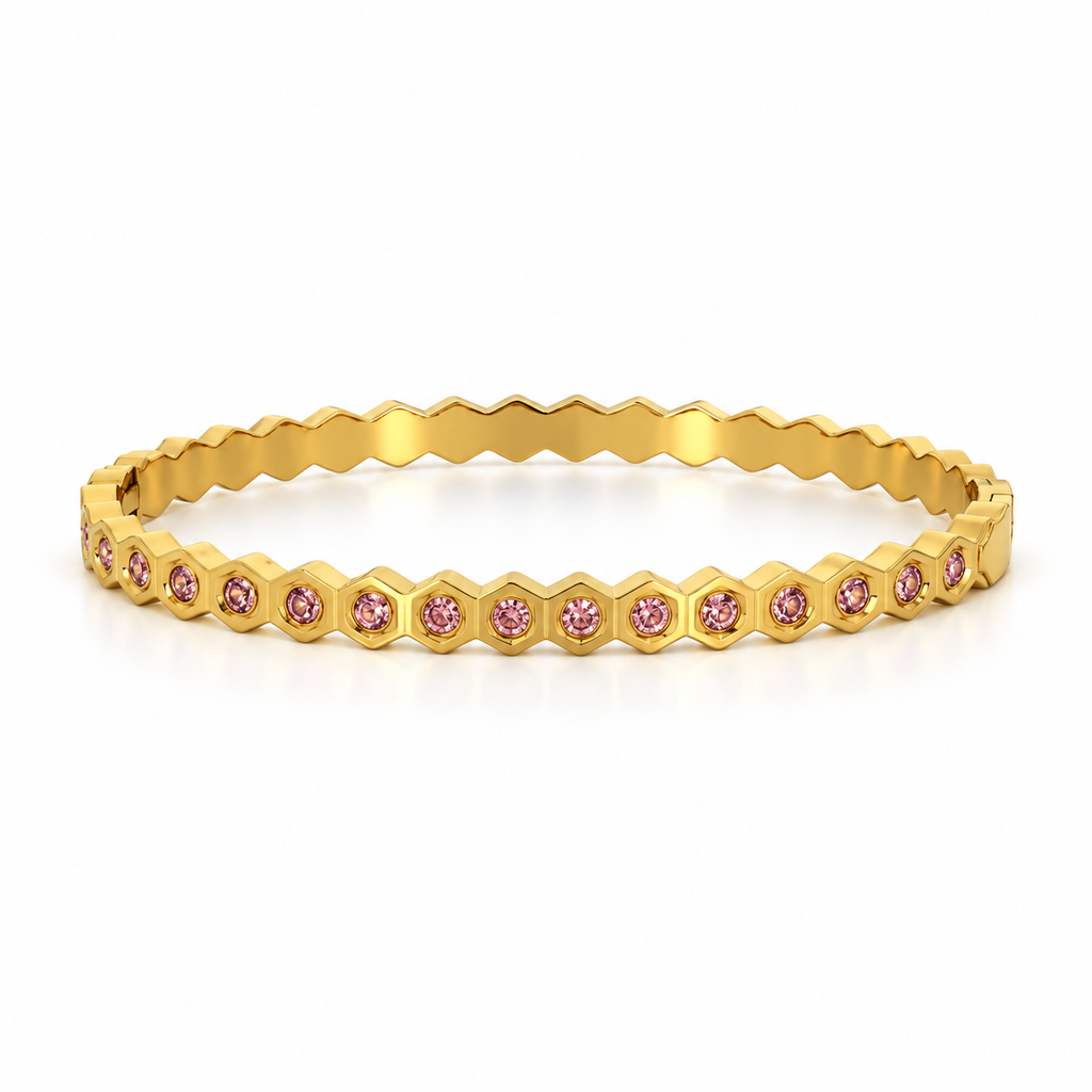 Stainless steel bracelet with a honeycomb pattern and pink zircon.