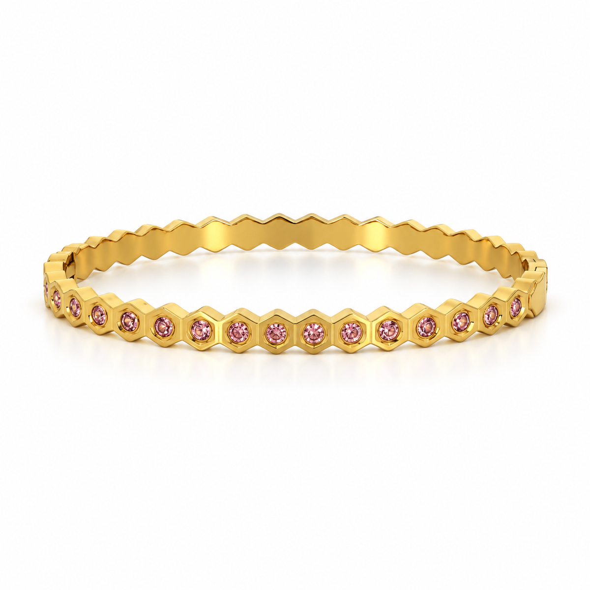 Stainless steel bracelet with a honeycomb pattern and pink zircon.