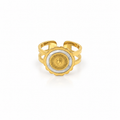 Open stainless steel ring with a gold coin and a shell-style rim.