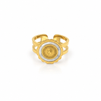 Open stainless steel ring with a gold coin and a shell-style rim.