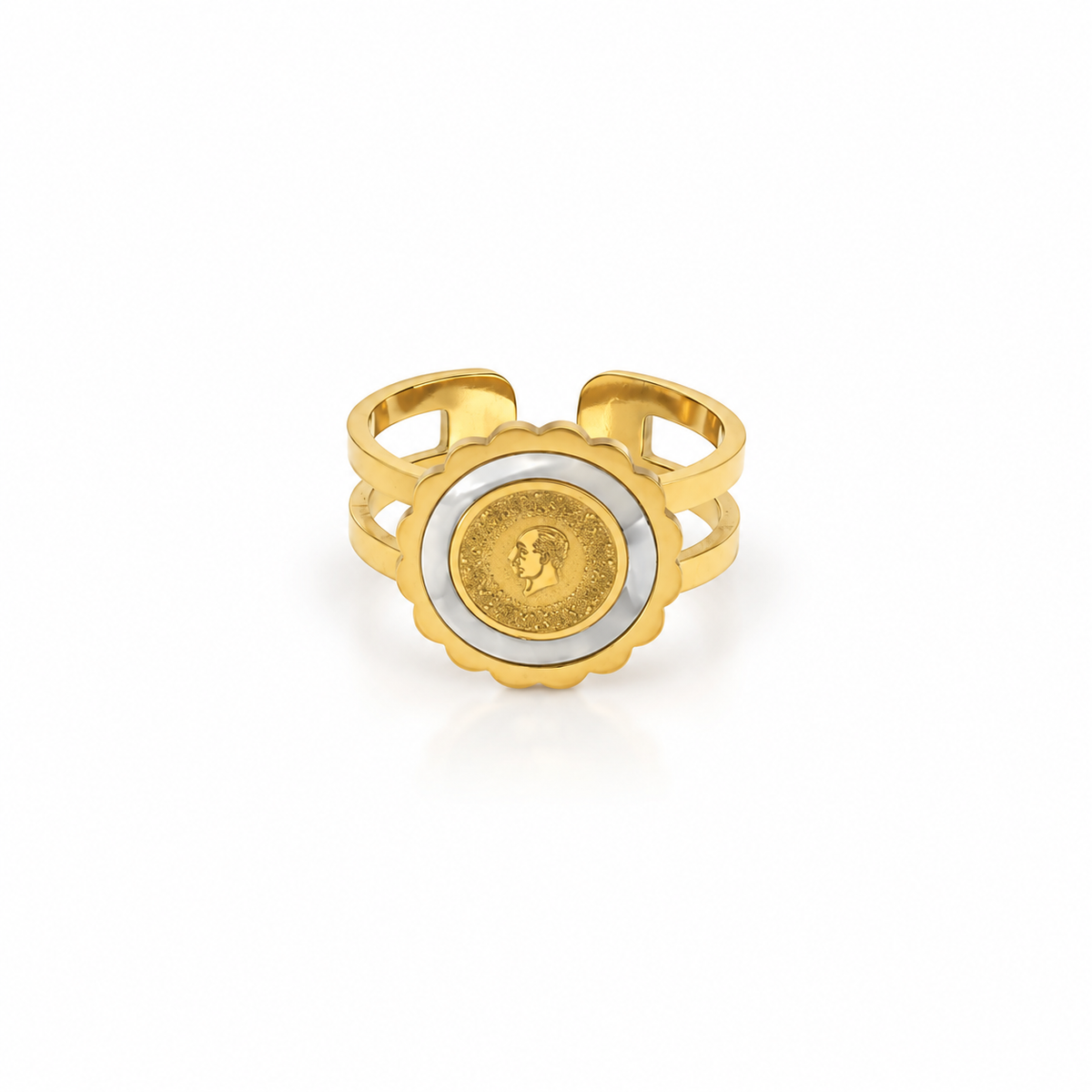 Open stainless steel ring with a gold coin and a shell-style rim.
