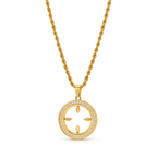 Stainless steel necklace featuring a twisted chain and a studded circular flower pendant.