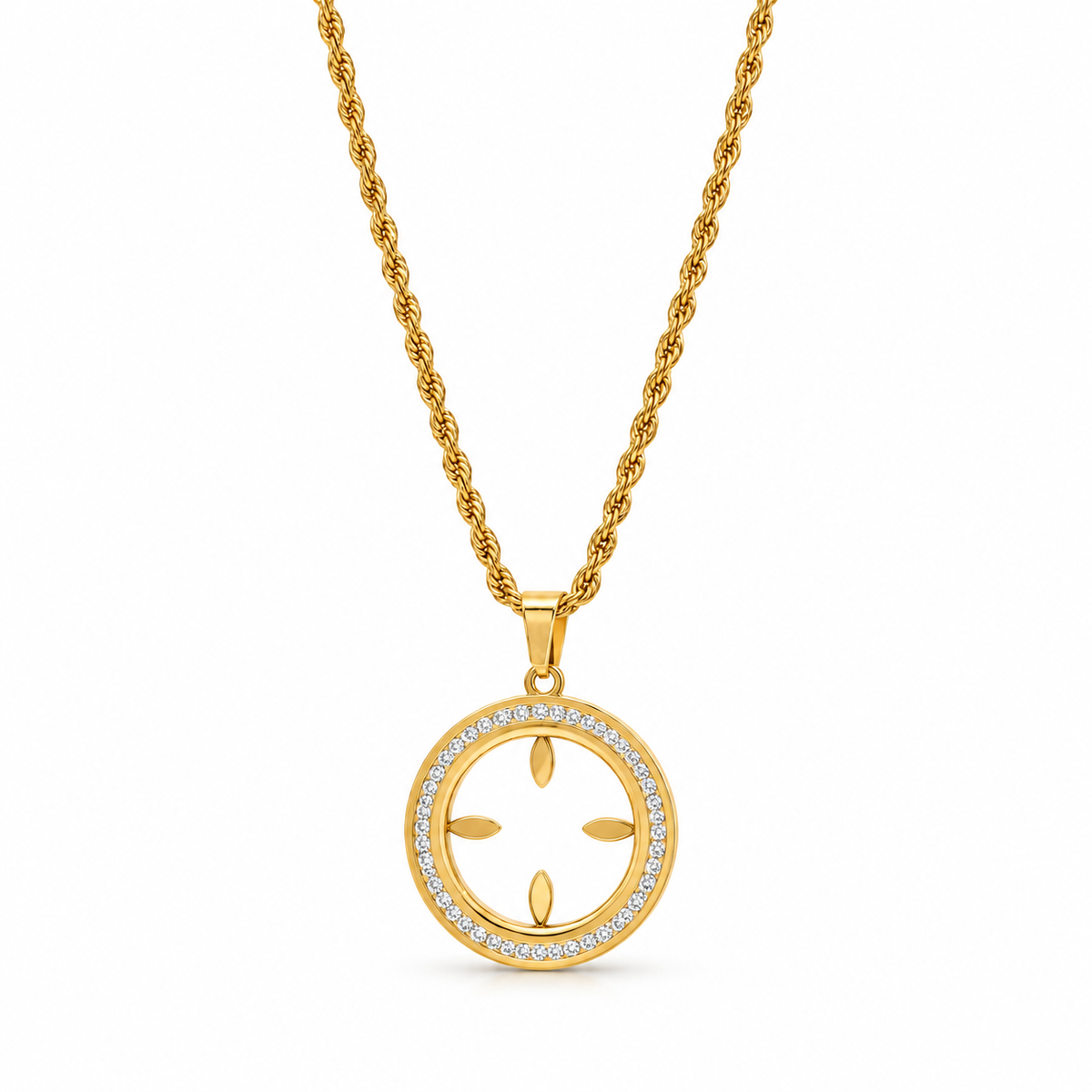 Stainless steel necklace featuring a twisted chain and a studded circular flower pendant.