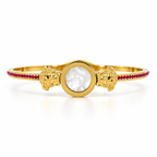 Stainless steel bracelet featuring a mother-of-pearl disc and a Medusa motif with red zircon.