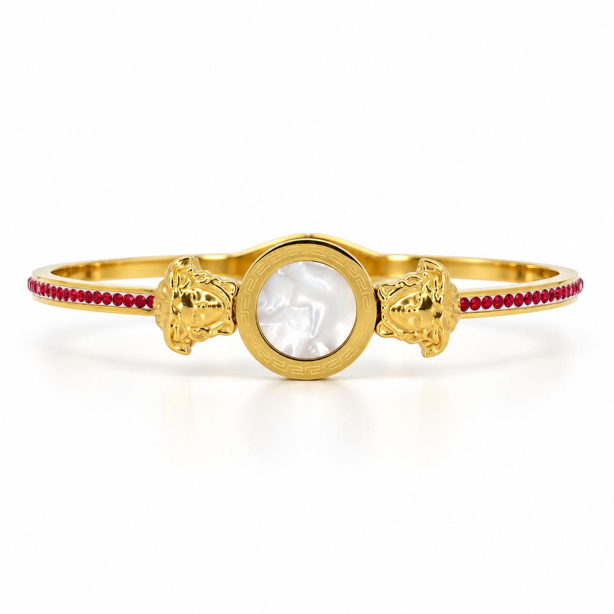 Stainless steel bracelet featuring a mother-of-pearl disc and a Medusa motif with red zircon.