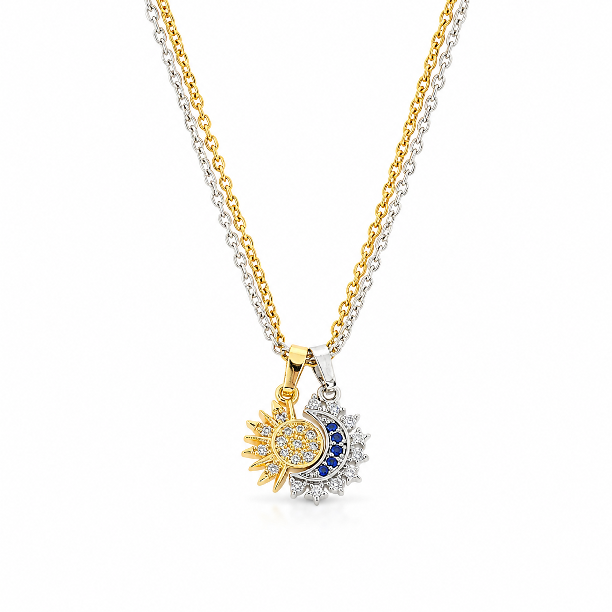 Stainless steel necklace with a double sun and moon design, studded with crystals.