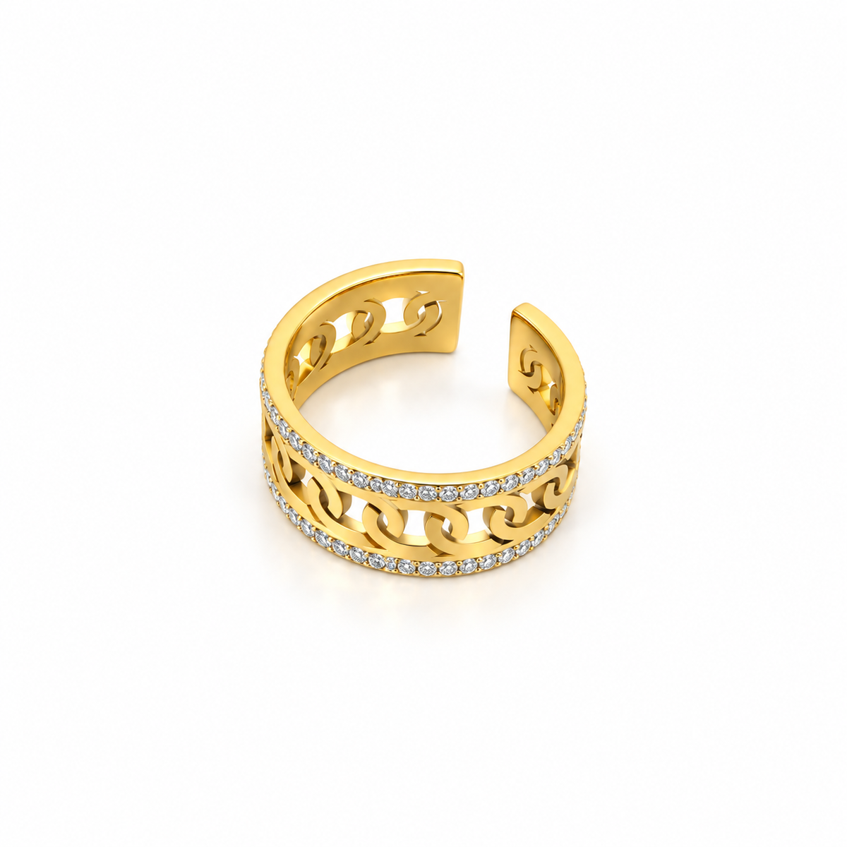 Open stainless steel ring featuring an openwork chain design and zircon accents.