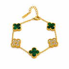 Gold-plated stainless steel bracelet with a lucky leaf design – green and crystal