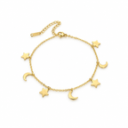 Stainless steel anklet with gold crescent moon and star charms.