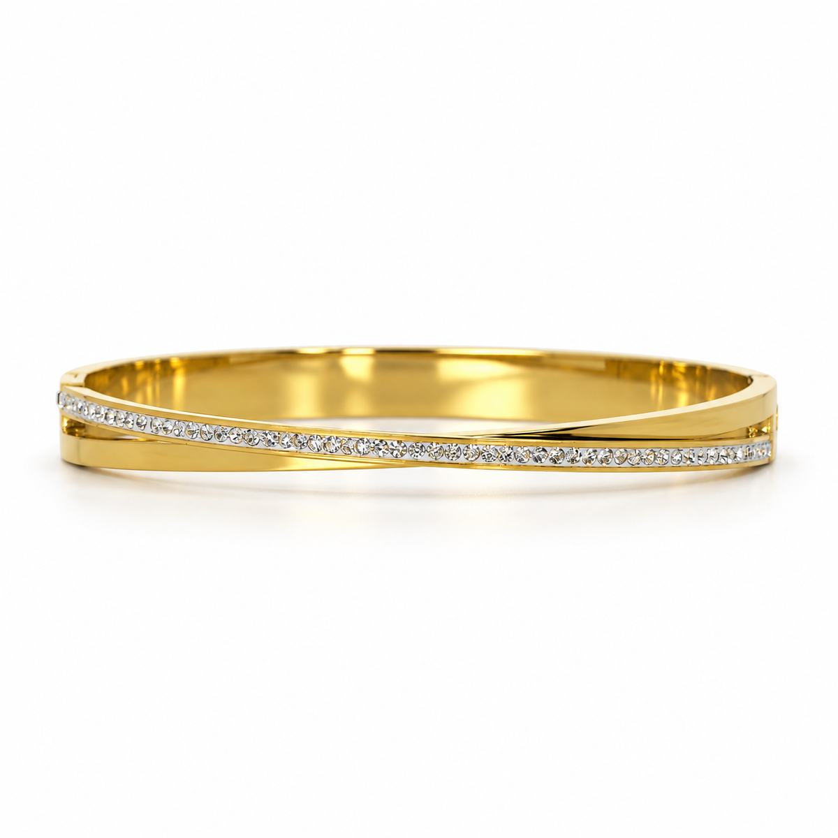Stainless steel bracelet with an interlocking, embellished design.