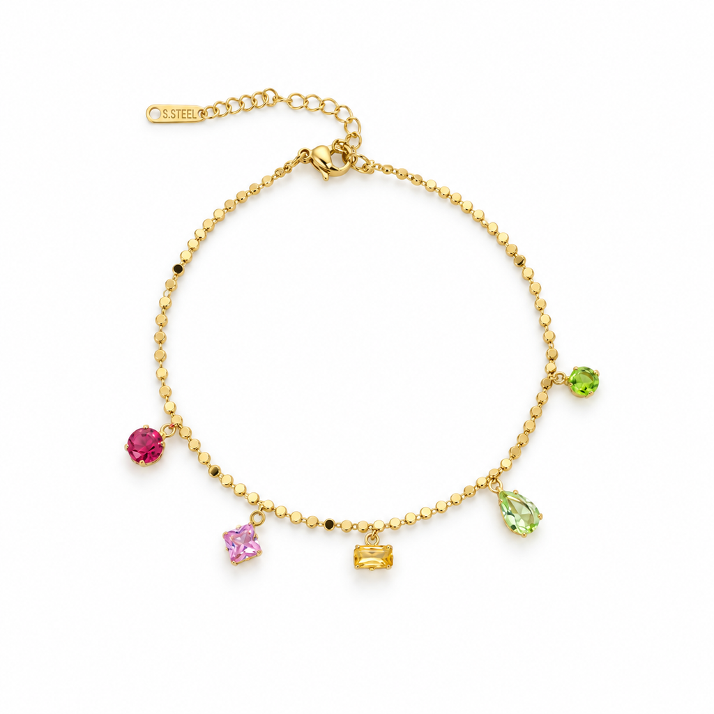 Stainless steel anklet with colorful crystal charms