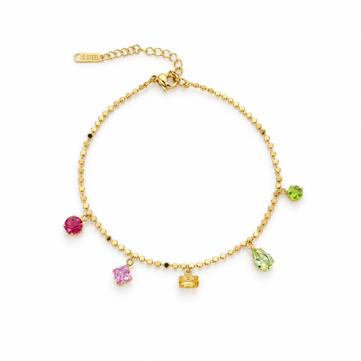 Stainless steel anklet with colorful crystal charms
